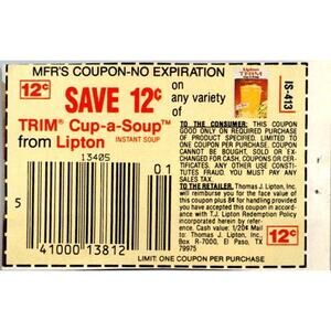 Save 12¢ On Any Trim Cup-A-Soup From Lipton El Paso TX 1980s Coupon SAI1-M5